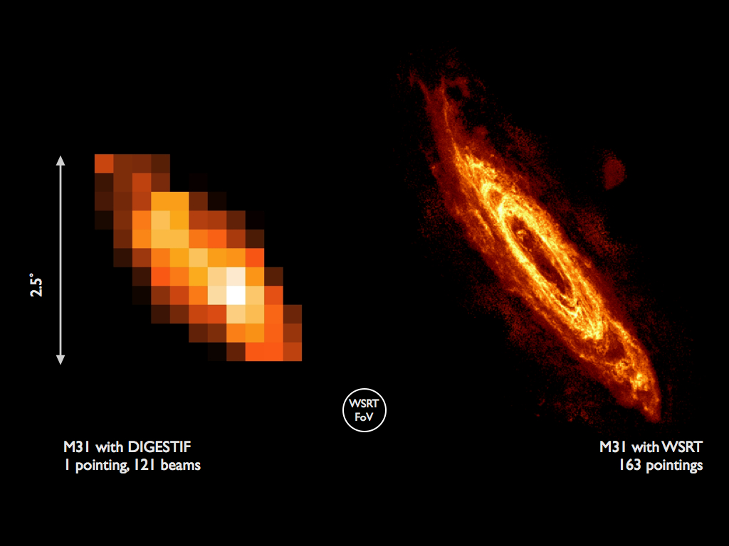 De afbeelding aan de linkerkant is het resultaat van een waarneming van de Andromedanevel (M31) van slechts 6,7 seconden. Omdat het APERTIF-prototype op dit moment slechts in één Westerborkschotel geplaatst is, zijn de verkregen beelden niet erg scherp.