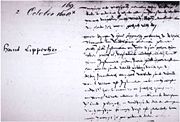 Het document waarop de patentaanvraag van Lipperhey vermeld staat.