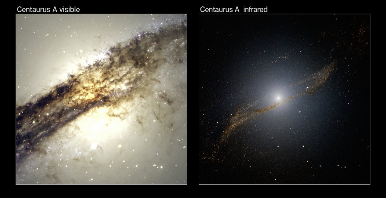 Centaurus A in zichtbaar licht (links) en nabij-infrarood (rechts) (c) ESO
