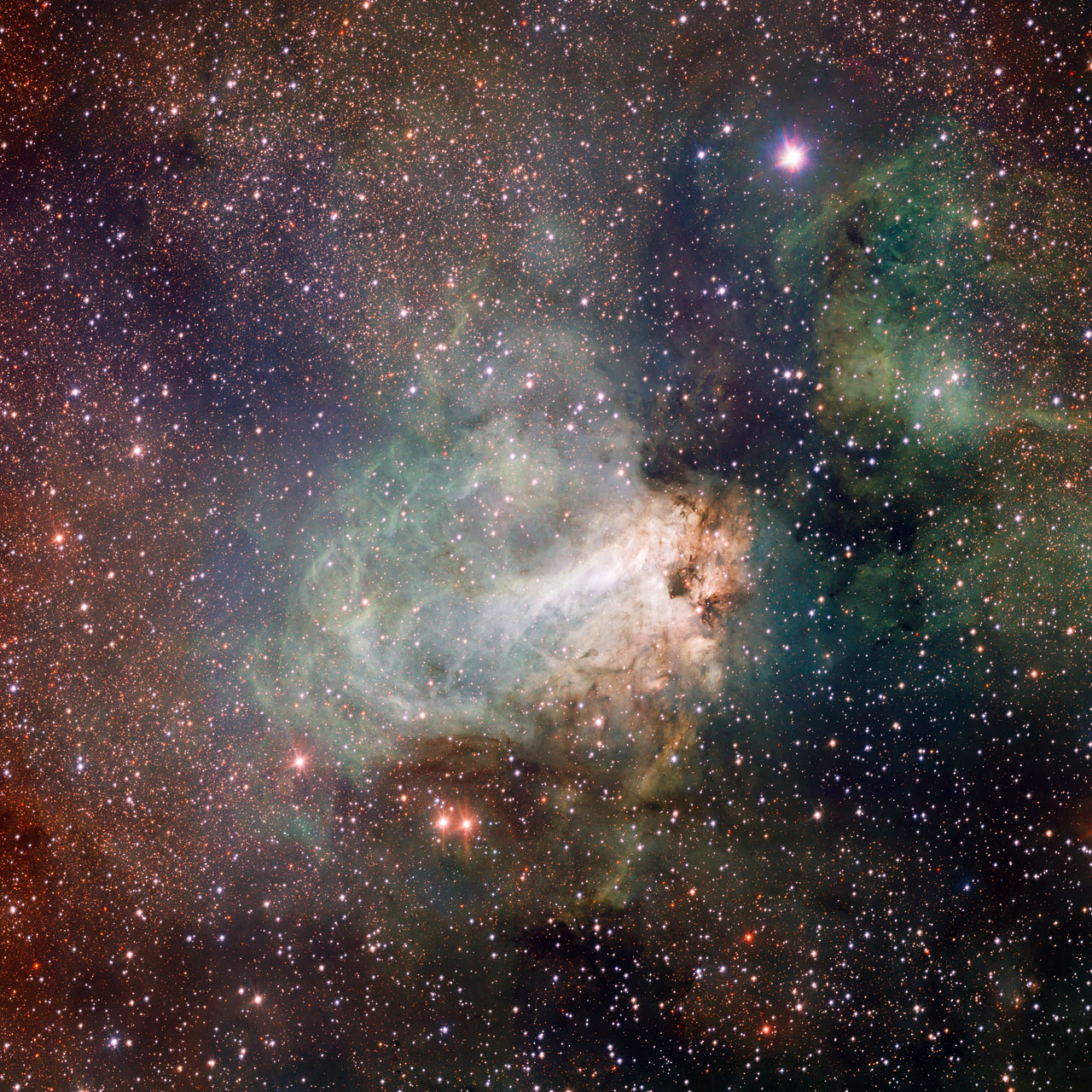 Het stervormingsgebied Messier 17 (de Omeganevel) in het hart van de Melkweg (c) ESO/INAF-VST/OmegaCAM. Acknowledgement: OmegaCen/Astro-WISE/Kapteyn Institute