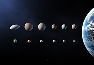 De twaalf ijsdwergen die kandidaat zijn om dwergplaneet te worden (Credit: The International Astronomical Union/Martin Kornmesser)  Credit: The International Astronomical Union/Martin Kornmesser