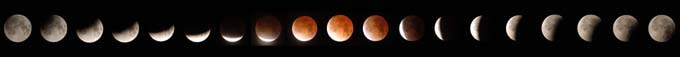 Tijdens de totaliteit (midden) straalt de maan met een oranje-rode gloed. Bron: Robert Smallegange, Leeuwarden