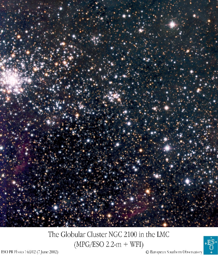 Opname van de sterrenhoop NGC2100 in het sterrenbeeld Dorado (Goudvis) in de Grote Magelhaense Wolk. Mogelijk bevindt zich een zwart gat in deze sterrenhoop met een massa meer dan duizend keer groter dan de zon.  © ESO © ESO