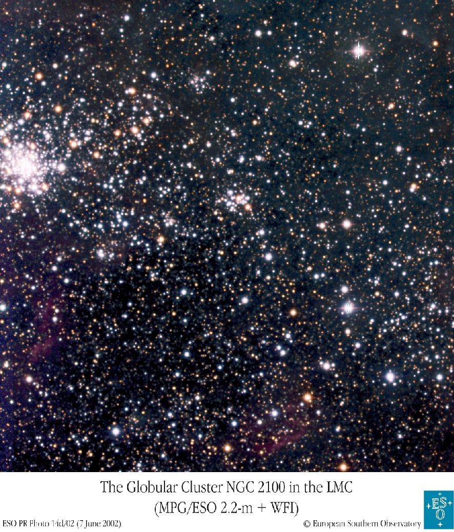 Opname van de sterrenhoop NGC2100 in het sterrenbeeld Dorado (Goudvis) in de Grote Magelhaense Wolk. Mogelijk bevindt zich een zwart gat in deze sterrenhoop met een massa meer dan duizend keer groter dan de zon.  © ESO © ESO