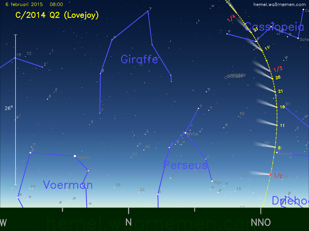 Kaartjes van de komeet C/2014 Q2 (Lovejoy) aan de ochtendhemel (boven) en avondhemel (onder), gericht op het gebied waar de komeet helderder is dan magnitude 8. De horizon, schemering (ruwweg) en planeetposities gelden alleen voor de datum en het tijdstip