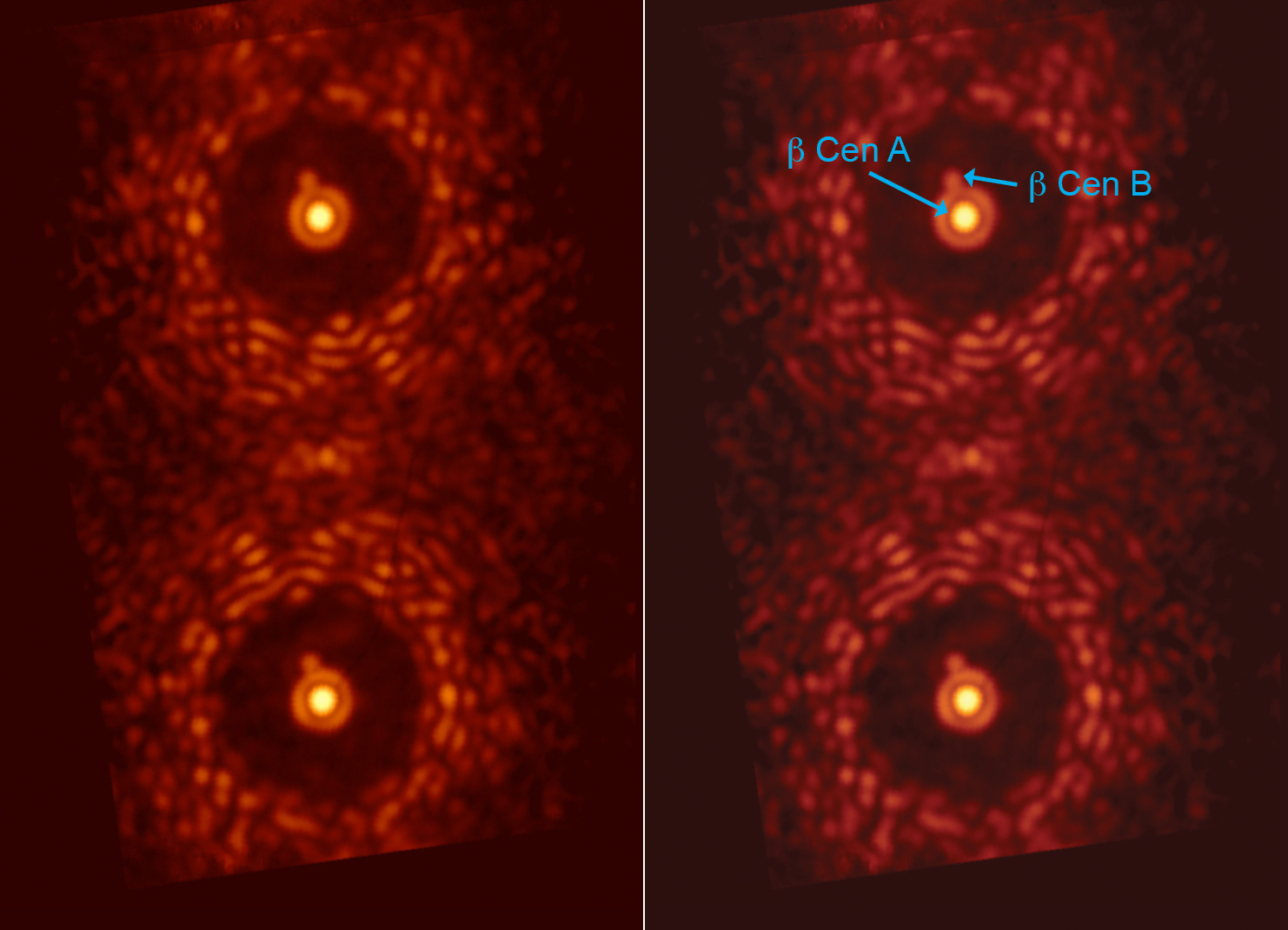 (Click on the image for full picture) Double image of the star beta Centauri taken through an experimental version of the vector-APP coronagraph installed at MagAO. Both images of the star contain a dark region that covers the complete 360 degrees around