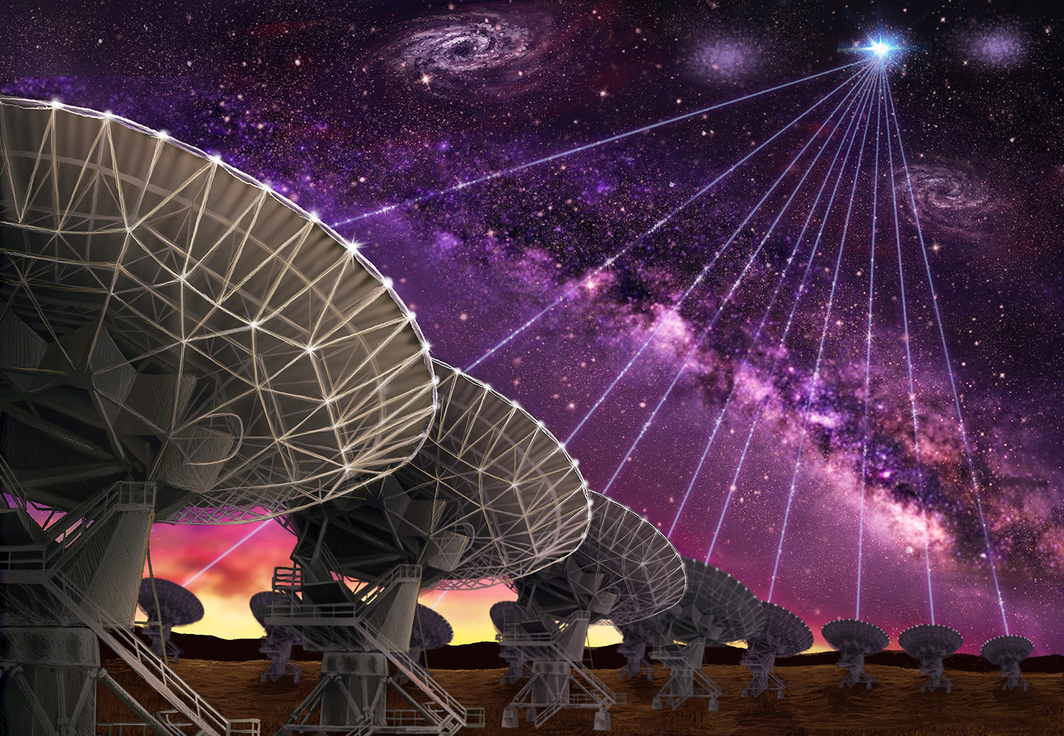 The dishes of the Karl G. Jansky Very Large Array are seen making the first-ever precision localization of a Fast Radio Burst, and thereby pointing the way to the host galaxy of FRB121102.    Credit: Danielle Futselaar (www.artsource.nl)