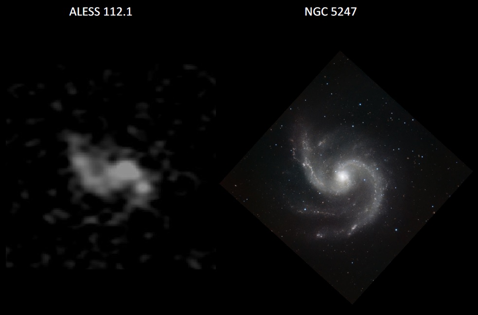 Links: spiraalstelsel ALESS 112.1 op 10 miljard lichtjaar van ons vandaan. Rechts: NGC 5247, een spiraalstelsel op slechts 50 miljoen lichtjaar. (c) Links: ALMA/Jacqueline Hodge et al. Rechts: ESO/P. Grosbøl
